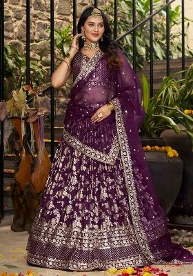 Wine Sequins And Zari Embroidery Work Dola Silk Lehenga Choli Set