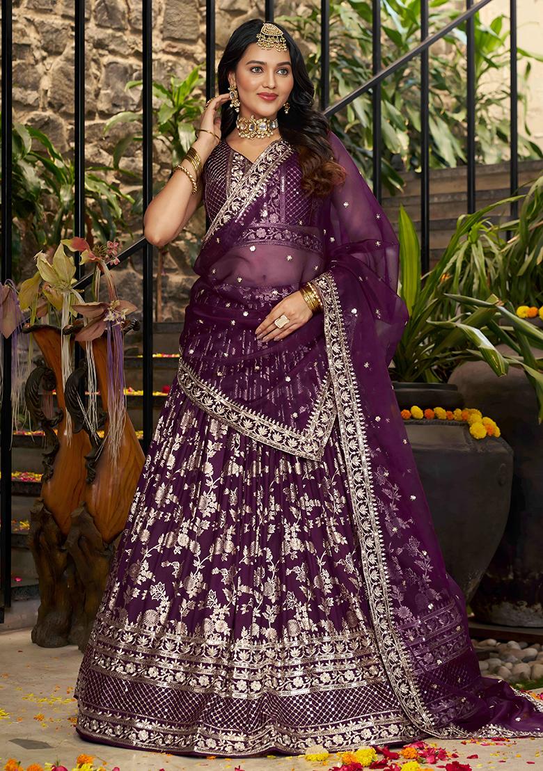 Wine Sequins And Zari Embroidery Work Dola Silk Lehenga Choli Set