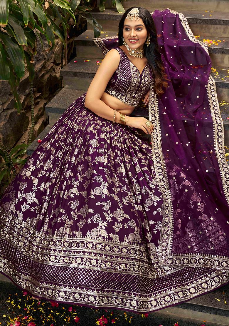 Wine Sequins And Zari Embroidery Work Dola Silk Lehenga Choli Set