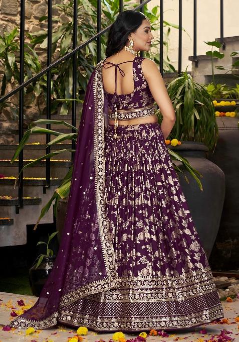 Wine Sequins And Zari Embroidery Work Dola Silk Lehenga Choli Set