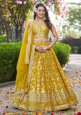 Yellow Sequins And Zari Embroidery Work Dola Silk Lehenga Choli Set