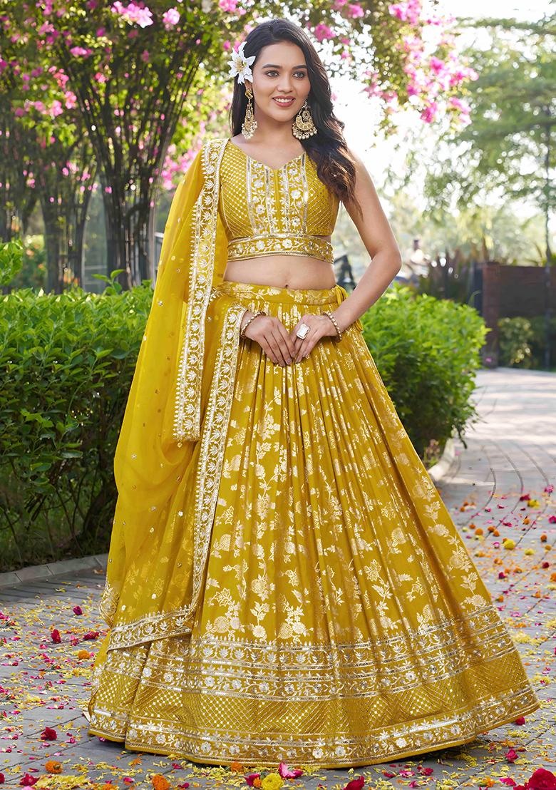 Yellow Sequins And Zari Embroidery Work Dola Silk Lehenga Choli Set