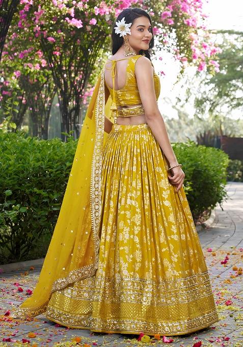 Yellow Sequins And Zari Embroidery Work Dola Silk Lehenga Choli Set
