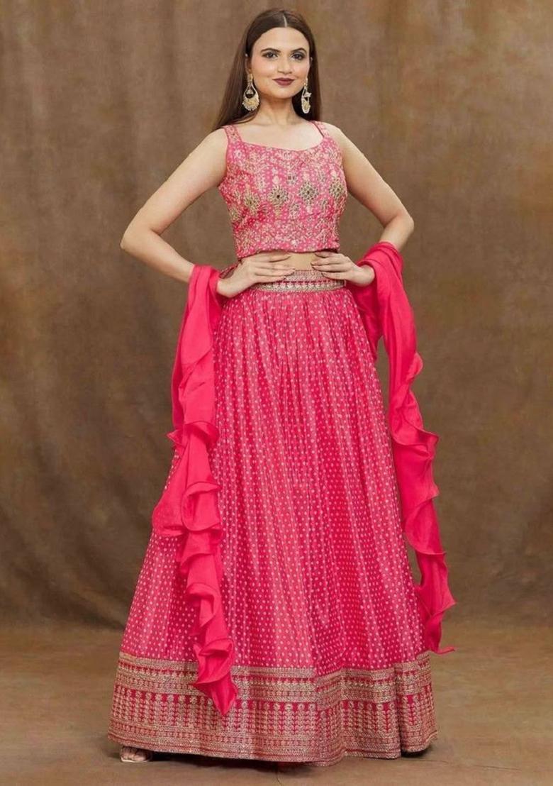 Pink Thread Embroidery Silk Lehenga Choli Set