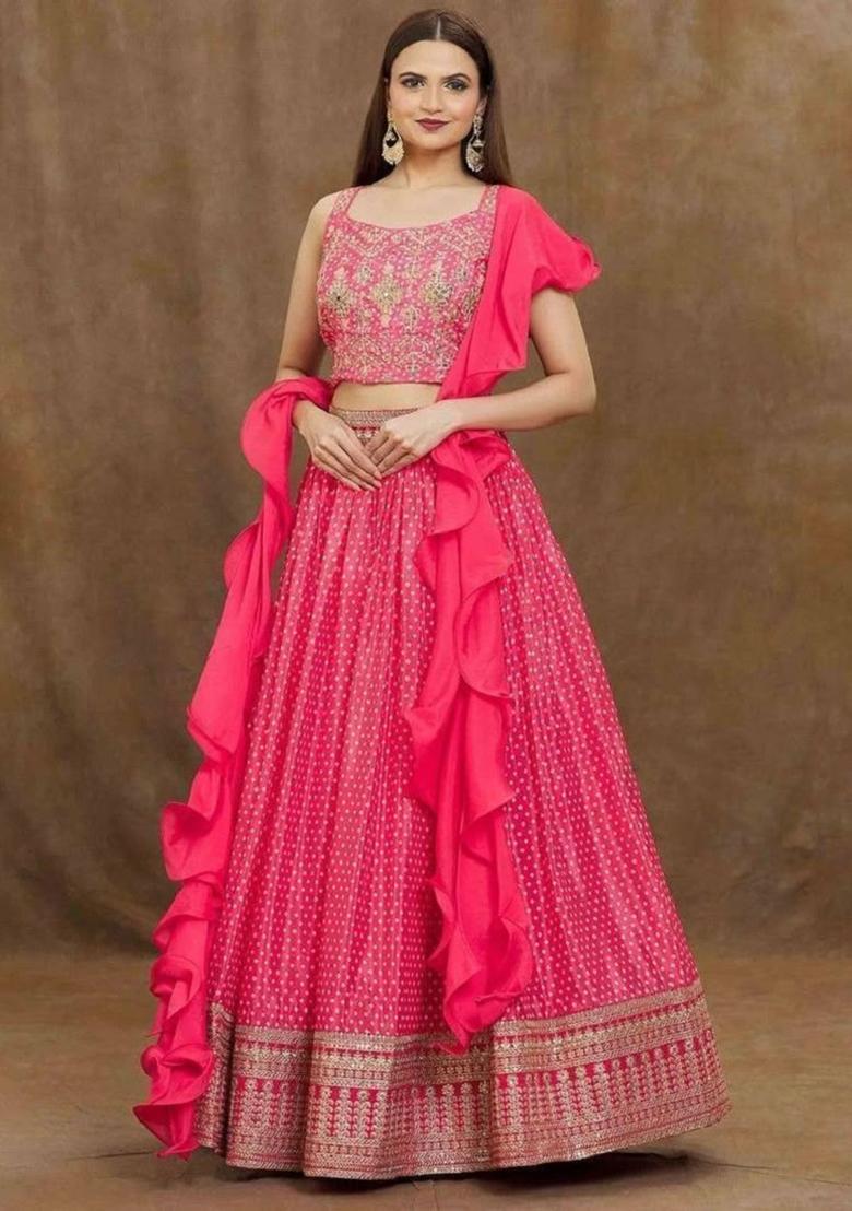 Pink Thread Embroidery Silk Lehenga Choli Set - Indya