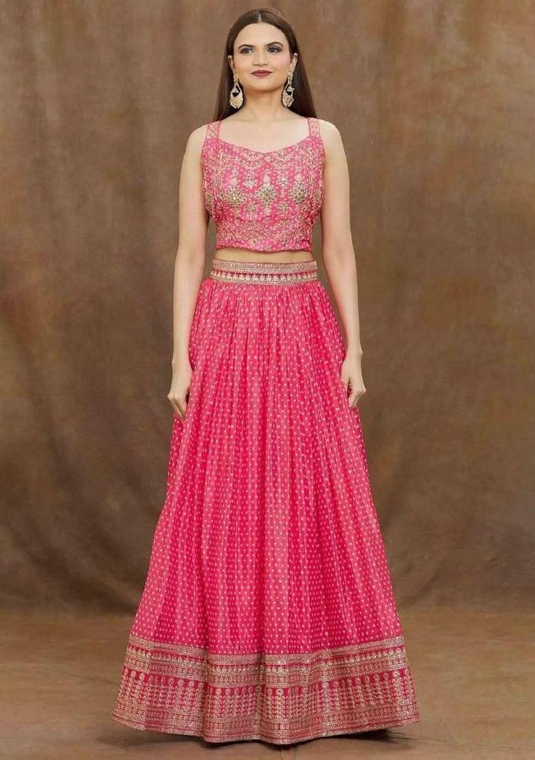 Pink Thread Embroidery Silk Lehenga Choli Set