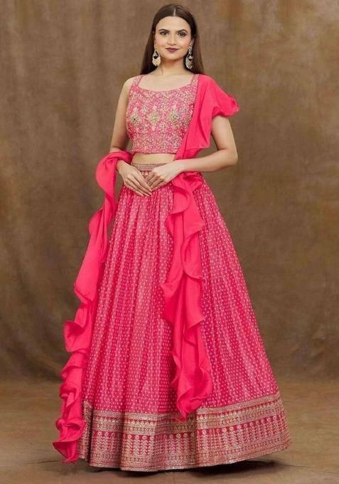 Pink Thread Embroidery Silk Lehenga Choli Set