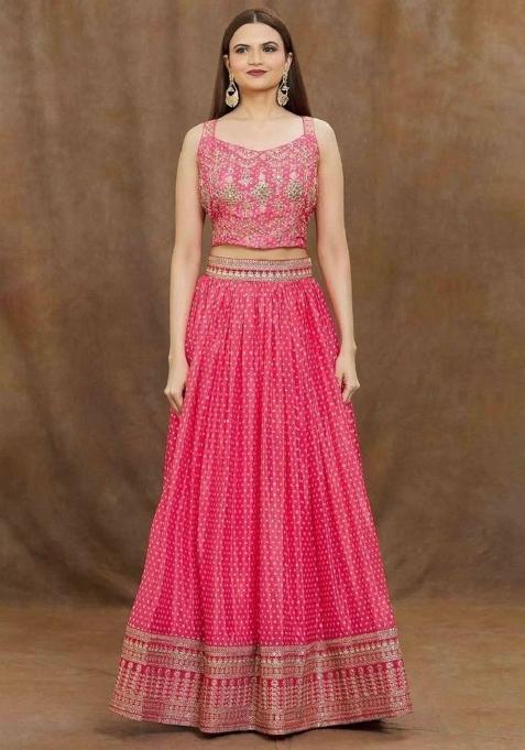 Pink Thread Embroidery Silk Lehenga Choli Set
