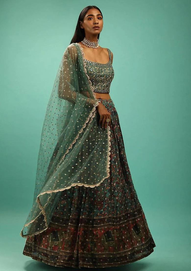 Green Thread Embroidery Silk Lehenga Choli Set