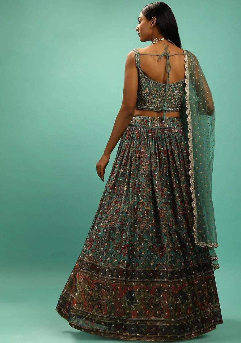 Green Thread Embroidery Silk Lehenga Choli Set