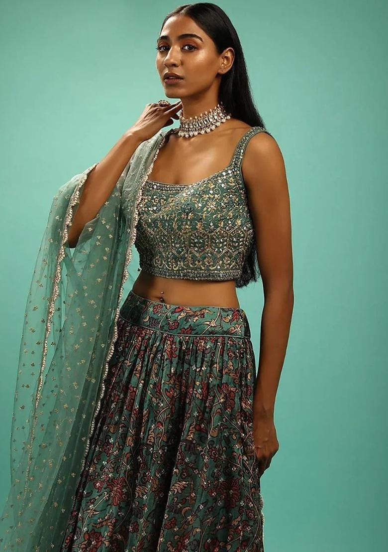 Green Thread Embroidery Silk Lehenga Choli Set - Indya