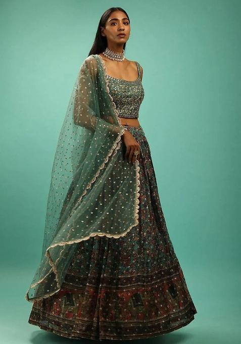 Green Thread Embroidery Silk Lehenga Choli Set