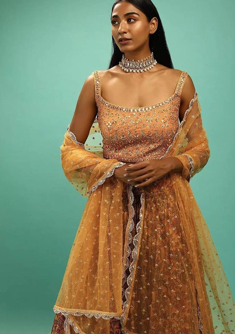 Yellow Thread Embroidery Silk Lehenga Choli Set - Indya