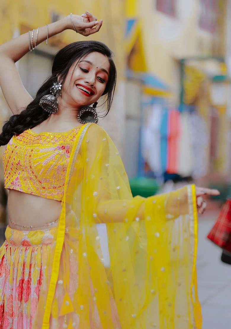 Yellow Thread Embroidery Organza Lehenga Choli Set for Diwali and Festive Wear - Indya