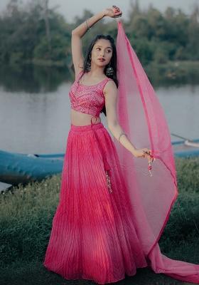 Pink Thread Embroidery Organza Lehenga Choli Set