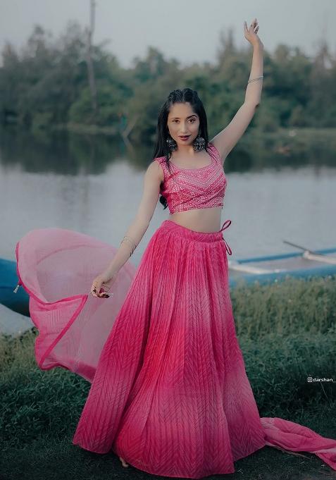 Pink Thread Embroidery Organza Lehenga Choli Set