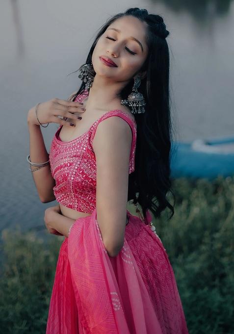 Pink Thread Embroidery Organza Lehenga Choli Set