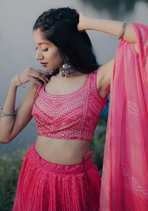 Pink Thread Embroidery Organza Lehenga Choli Set