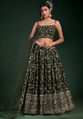 Green Thread Embroidery Georgette Lehenga Choli Set