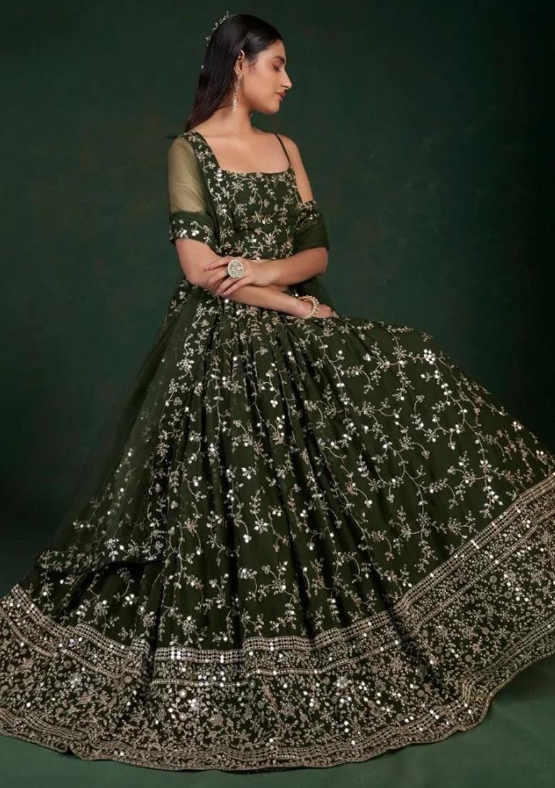 Green Thread Embroidery Georgette Lehenga Choli Set - Indya