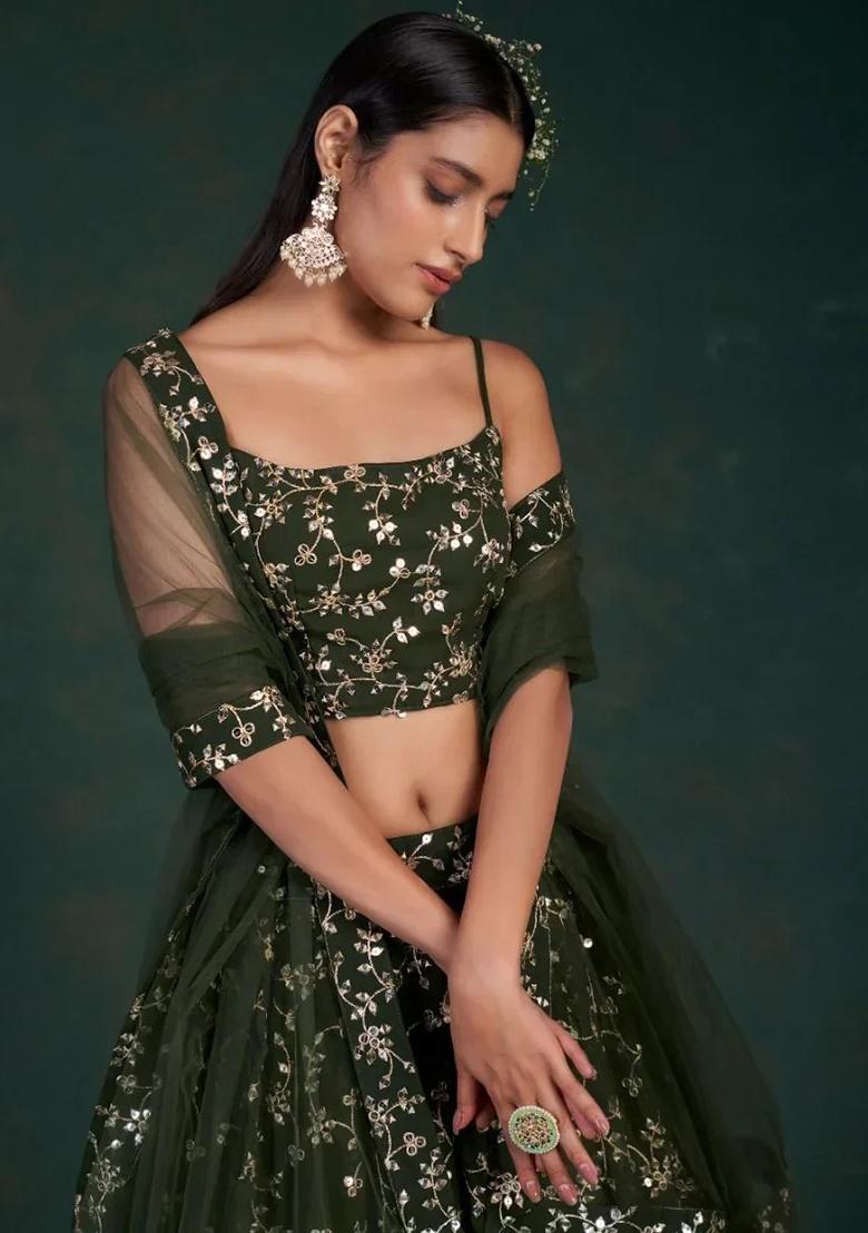 Green Thread Embroidery Georgette Lehenga Choli Set