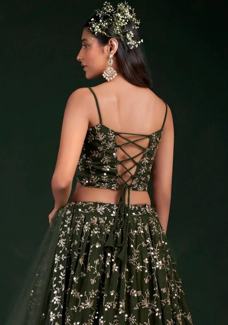 Green Thread Embroidery Georgette Lehenga Choli Set - Indya