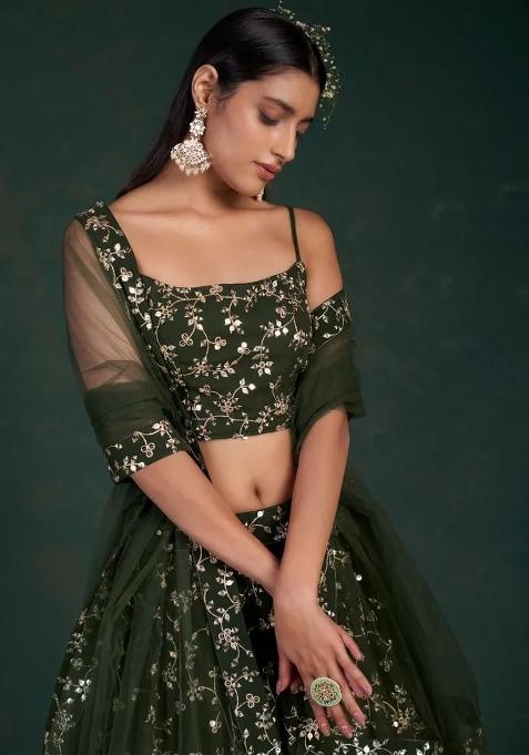 Green Thread Embroidery Georgette Lehenga Choli Set
