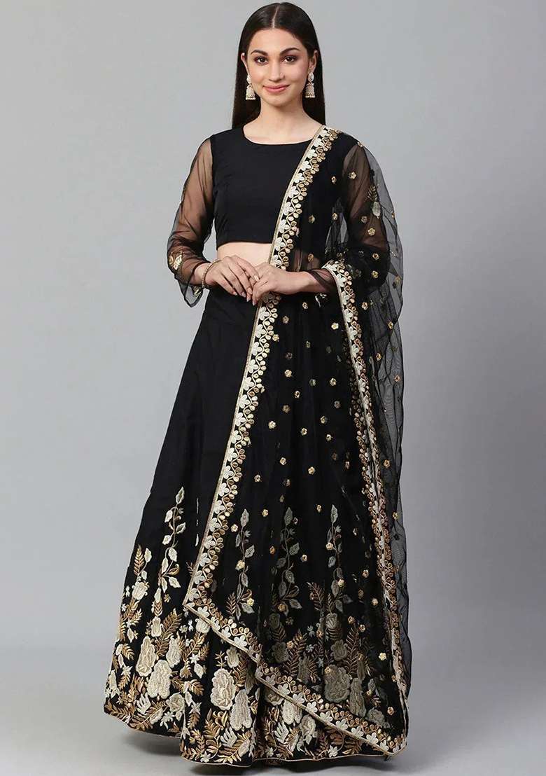 Black Thread Net Lehenga Choli Set with Embroidery for Diwali | Wedding & Festive Wear - Indya