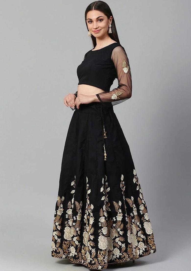 Black Thread Embroidery Net Lehenga Choli Set - Indya