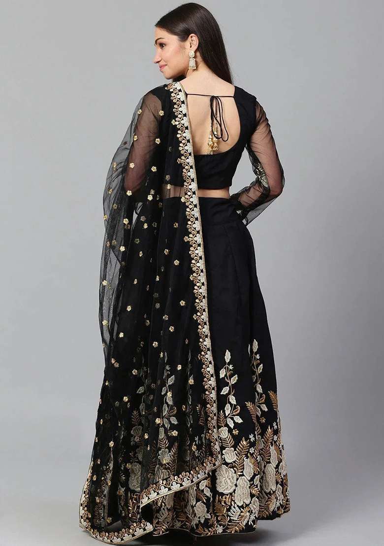 Black Thread Net Lehenga Choli Set with Embroidery for Diwali | Wedding & Festive Wear - Indya