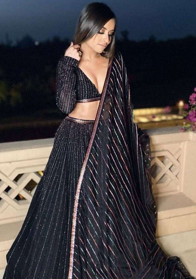 Black Thread Embroidery Georgette Lehenga Choli Set for Diwali and Festive Wear - Indya