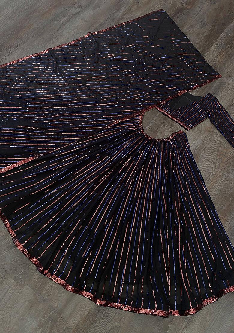 Black Thread Embroidery Georgette Lehenga Choli Set - Indya