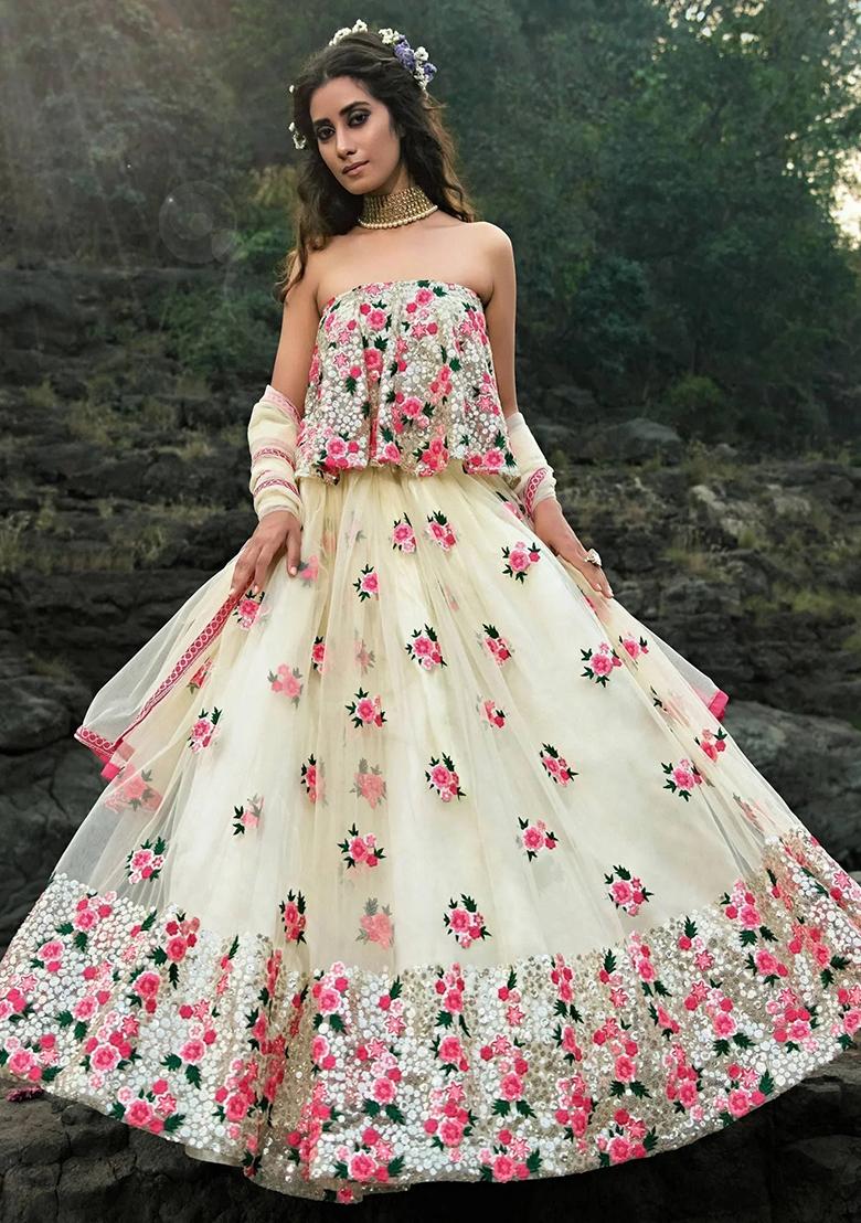 Off White Thread Embroidery Net Lehenga Choli Set