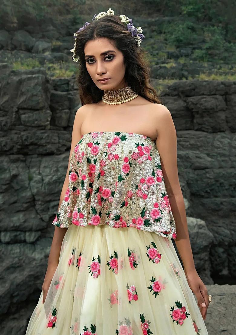 Off White Thread Embroidery Net Lehenga Choli Set