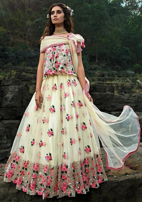 Off White Thread Embroidery Net Lehenga Choli Set