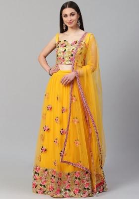 Yellow Thread Embroidery Net Lehenga Choli Set