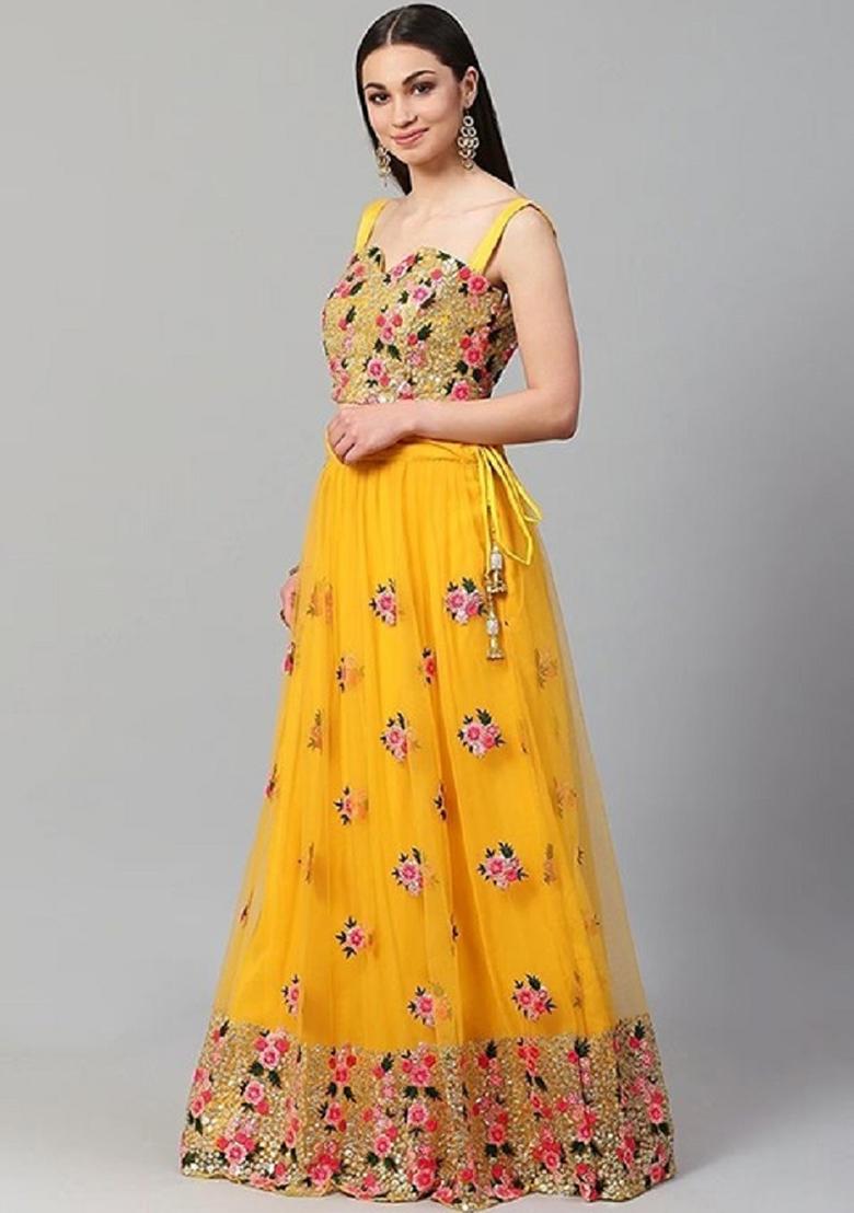 Yellow Thread Embroidery Net Lehenga Choli Set - Indya
