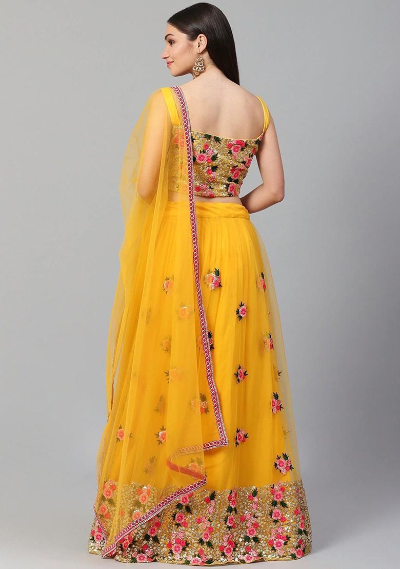 Yellow Thread Embroidery Net Lehenga Choli Set