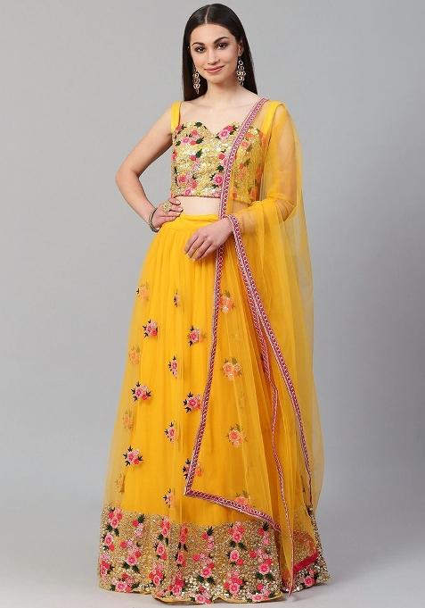 Yellow Thread Embroidery Net Lehenga Choli Set