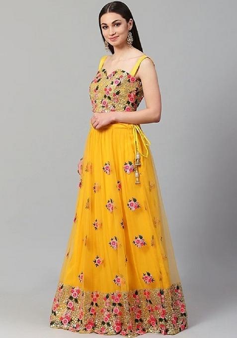 Yellow Thread Embroidery Net Lehenga Choli Set