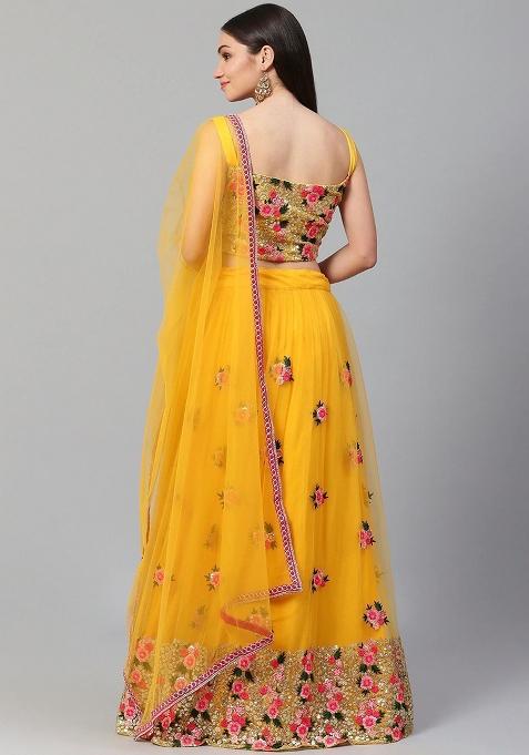 Yellow Thread Embroidery Net Lehenga Choli Set