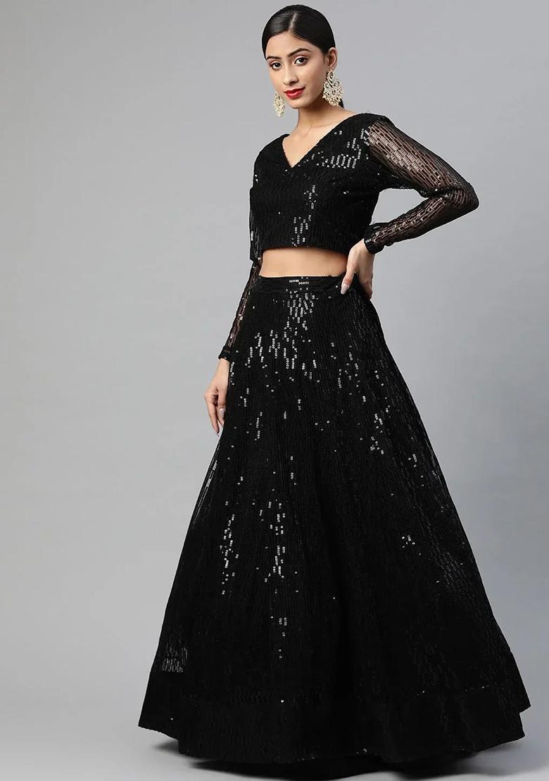 Black Thread Embroidery Net Lehenga Choli Set - Indya