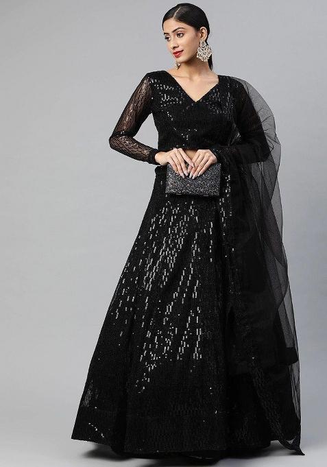 Black Thread Embroidery Net Lehenga Choli Set