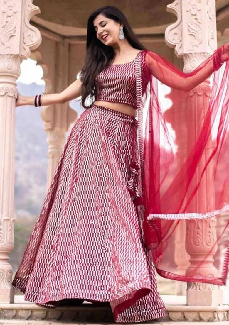 Pink Thread Embroidery Net Lehenga Choli Set - Indya