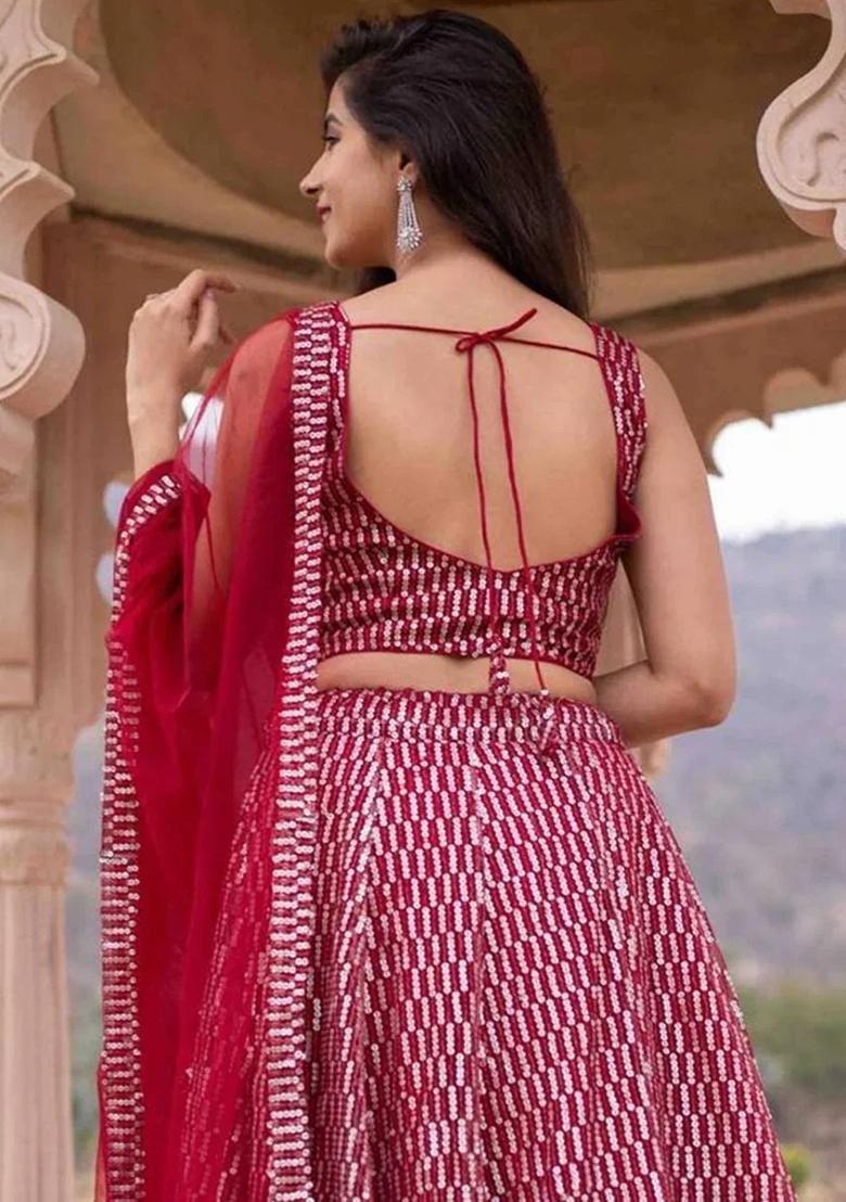 Pink Thread Embroidery Net Lehenga Choli Set - Indya