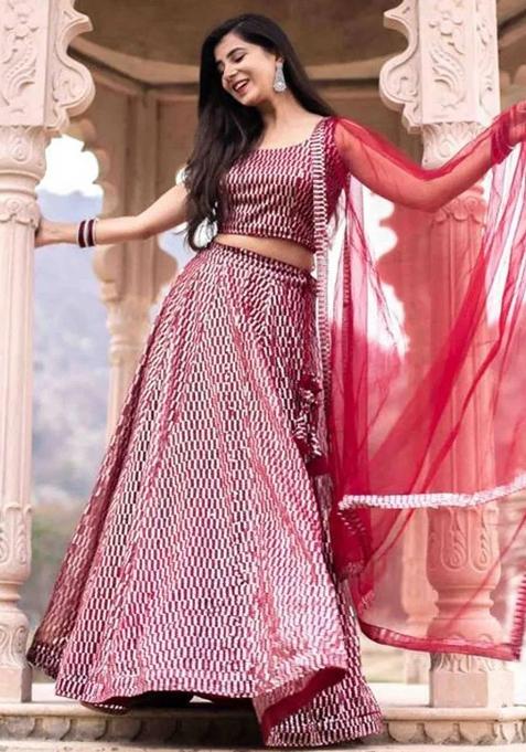 Pink Thread Embroidery Net Lehenga Choli Set