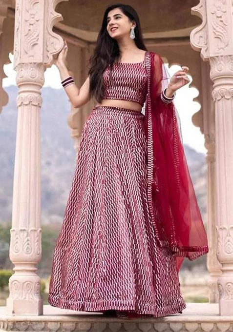 Pink Thread Embroidery Net Lehenga Choli Set