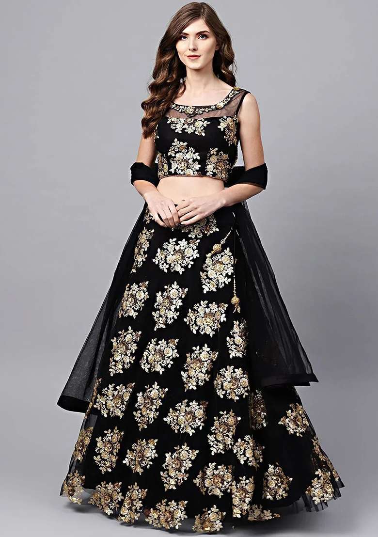 Black Thread Net Lehenga Choli Set with Embroidery for Diwali | Wedding & Festive Wear - Indya