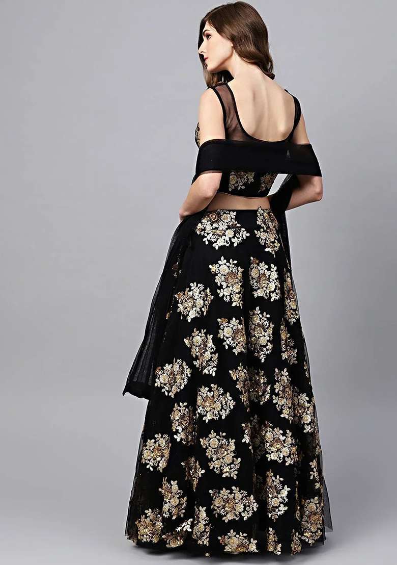 Black Thread Net Lehenga Choli Set with Embroidery for Diwali | Wedding & Festive Wear - Indya