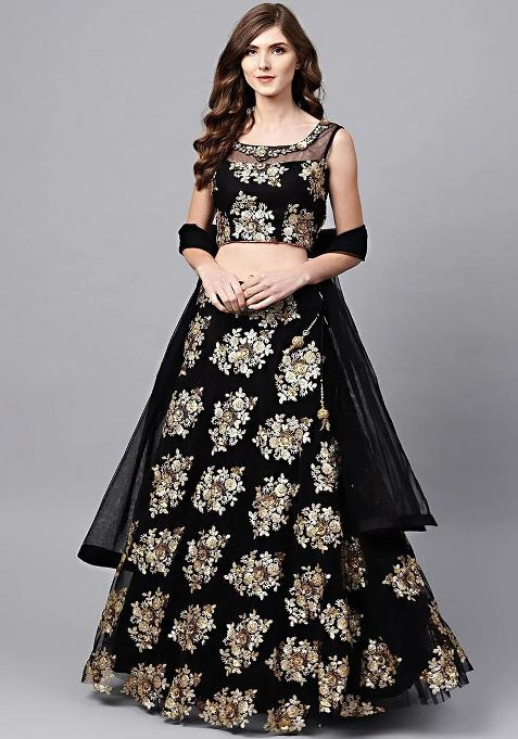 Black Thread Embroidery Net Lehenga Choli Set